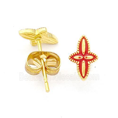 Stainless Steel Compass Stud Earring Red Enamel Gold Plated
