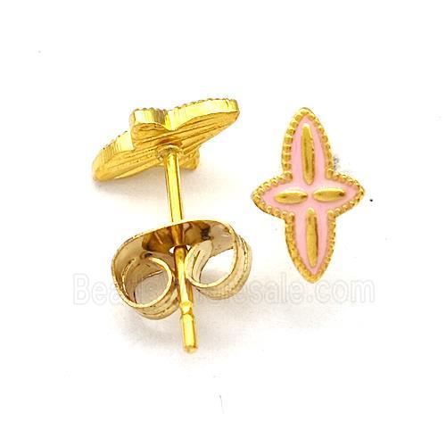 Stainless Steel Compass Stud Earring Pink Enamel Gold Plated