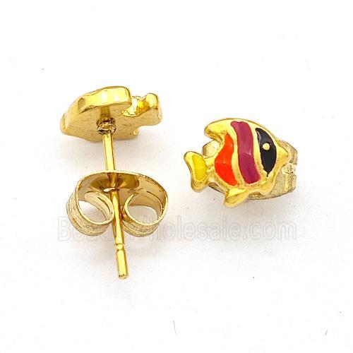 Stainless Steel Fish Stud Earring Multicolor Enamel Gold Plated