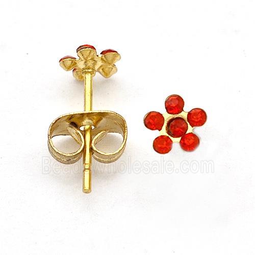 Stainless Steel Flower Stud Earring Pave Red Rhinestone Gold Plated