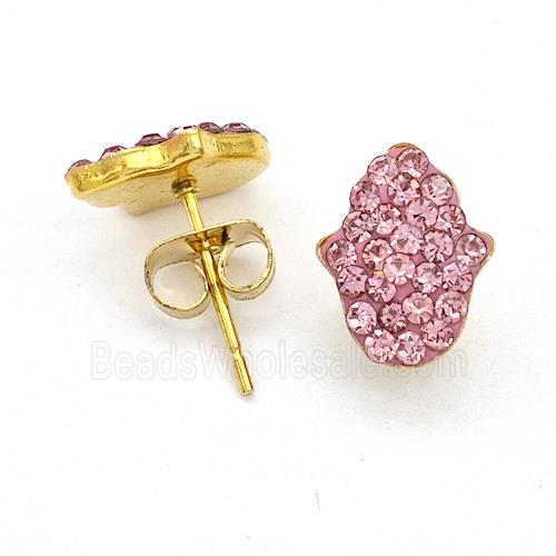 Stainless Steel Hand Stud Earring Pave Pink Rhinestone Gold Plated