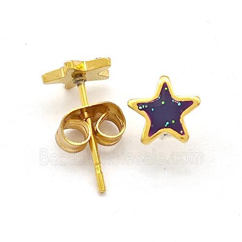 Stainless Steel Star Stud Earring Pave Fire Opal Gold Plated