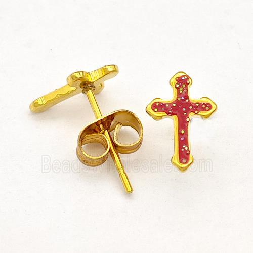 Stainless Steel Cross Stud Earring Pave Fire Opal Gold Plated