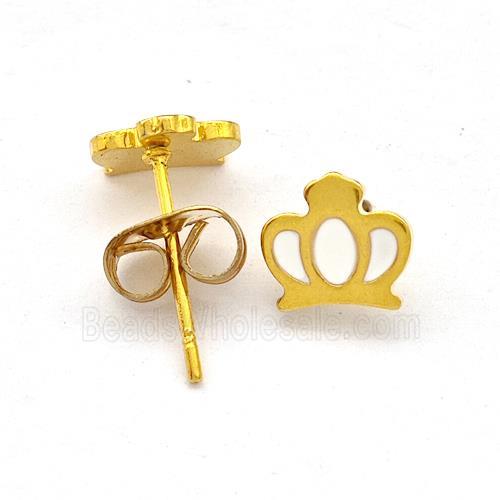 Stainless Steel Crown Stud Earring White Enamel Gold Plated