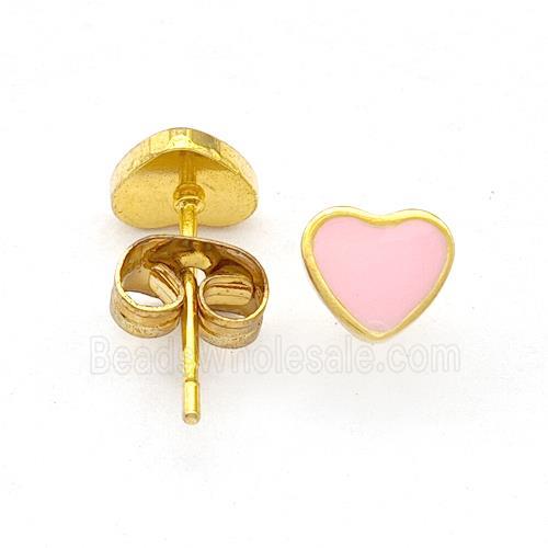 Stainless Steel Heart Stud Earring Pink Enamel Gold Plated