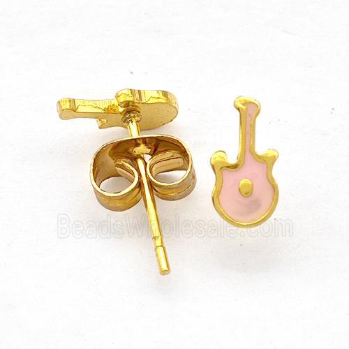 Stainless Steel Guitar Stud Earring Pink Enamel Gold Plated