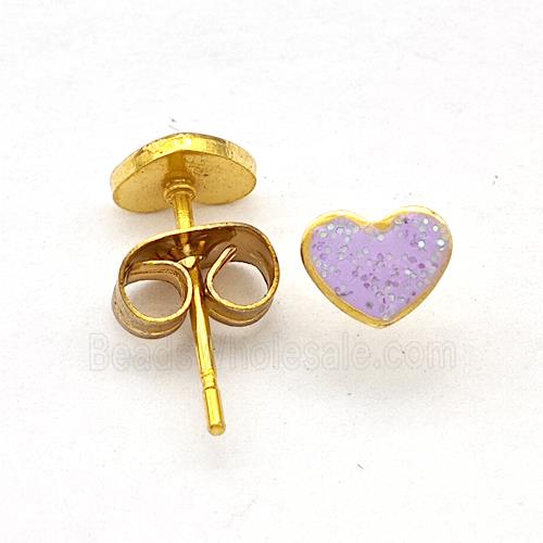Stainless Steel Heart Stud Earring Pave Lavender Fire Opal Gold Plated