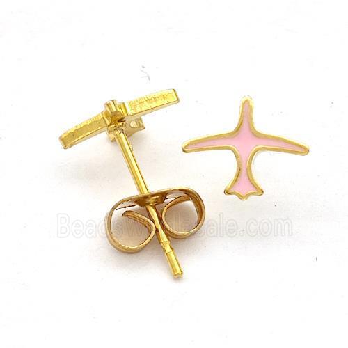 Stainless Steel Airplane Stud Earring Pink Enamel Gold Plated