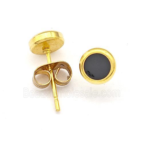 Stainless Steel Circle Stud Earring Black Enamel Gold Plated