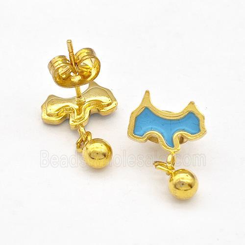 Stainless Steel Dog Stud Earring Teal Enamel Gold Plated