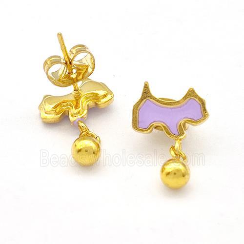 Stainless Steel Dog Stud Earring Lavender Enamel Gold Plated