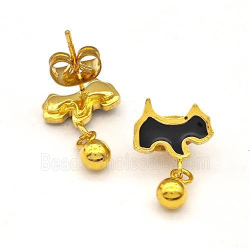 Stainless Steel Dog Stud Earring Black Enamel Gold Plated