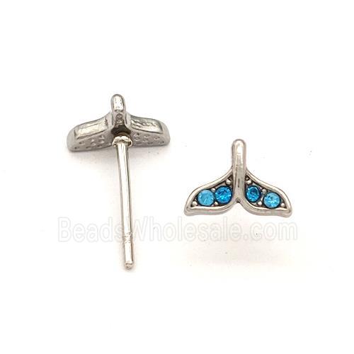 Raw Stainless Steel Stud Earring Pave Blue Rhinestone Shark-tail