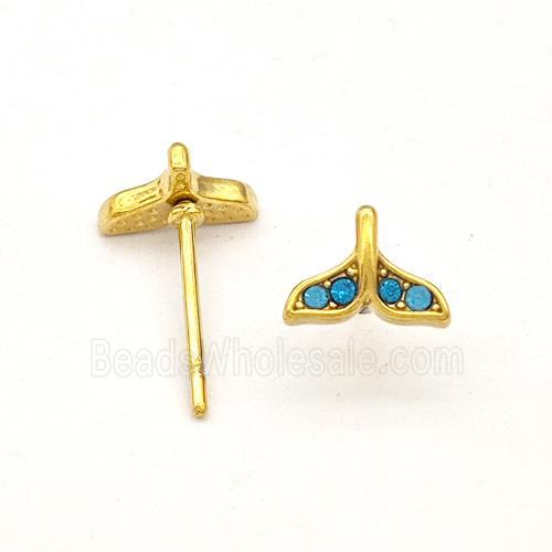 Stainless Steel Stud Earring Pave Blue Rhinestone Shark-tail Gold Plated