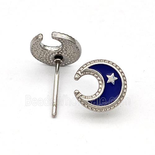 Raw Stainless Steel Moon Star Stud Earring Darkblue Enamel