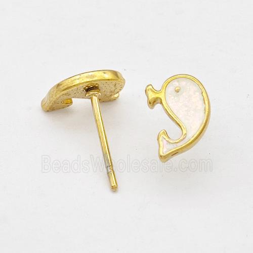 Stainless Steel Dolphin Stud Earring White Enamel Gold Plated