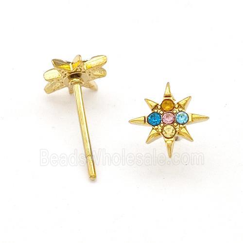 Stainless Steel NorthStar Stud Earring Pave Multicolor Rhinestone Gold Plated