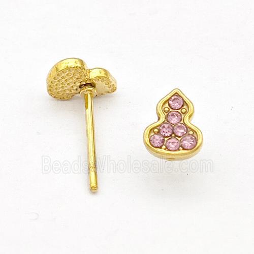 Stainless Steel Gourd Stud Earring Pave Pink Rhinestone Gold Plated
