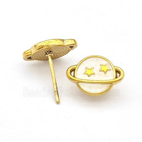 Stainless Steel Planet Stud Earring White Enamel Gold Plated