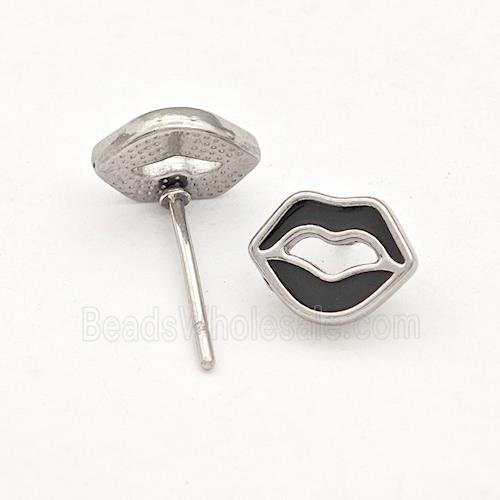 Raw Stainless Steel Lip Stud Earring Black Enamel