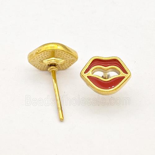 Stainless Steel Lip Stud Earring Red Enamel Gold Plated