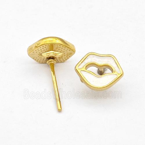Stainless Steel Lip Stud Earring White Enamel Gold Plated