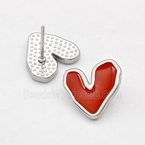 Raw Stainless Steel Heart Stud Earring Red Enamel