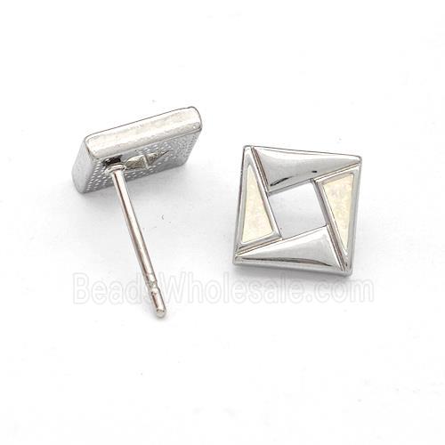 Raw Stainless Steel Square Stud Earring White Enamel