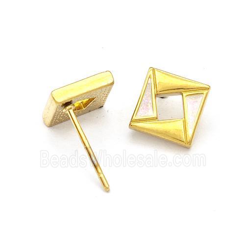 Stainless Steel Square Stud Earring White Enamel Gold Plated