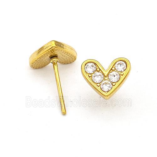 Stainless Steel Hear Stud Earrings Pave Rhinestone Gold Plated