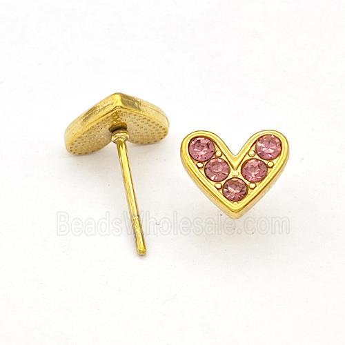Stainless Steel Hear Stud Earrings Pave Pink Rhinestone Gold Plated