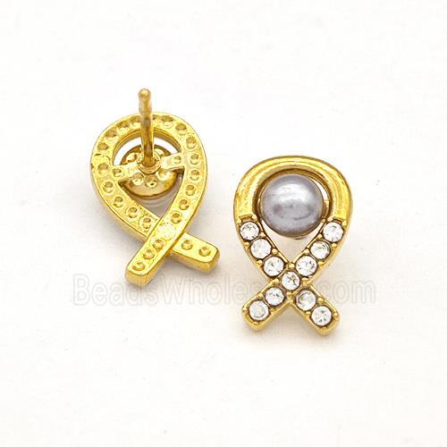 Stainless Steel Stud Earring Pave Rhinestone Pearlized Resin Awareness Ribbons Gold Plated