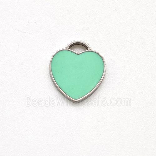 Raw Stainless Steel Heart Pendant Green Enamel