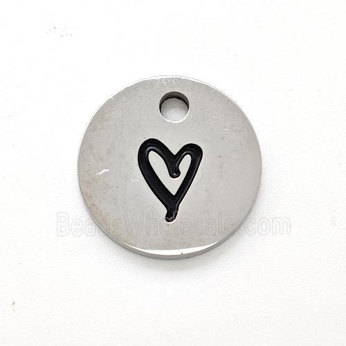 Raw Stainless Steel Circle Pendant Black Enamel Heart