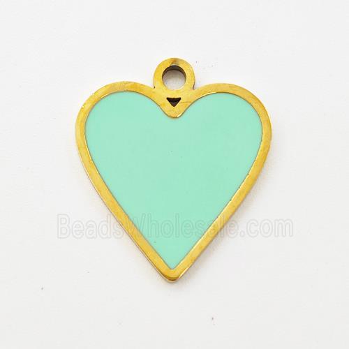 Stainless Steel Heart Pendant Apple Green Enamel Gold Plated