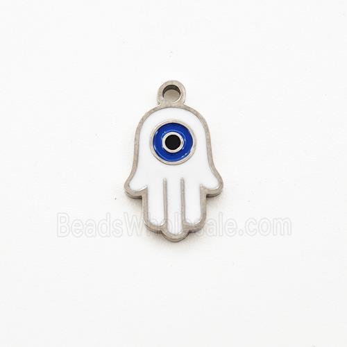 Raw Stainless Steel Hand Pendant White Enamel Evil Eye