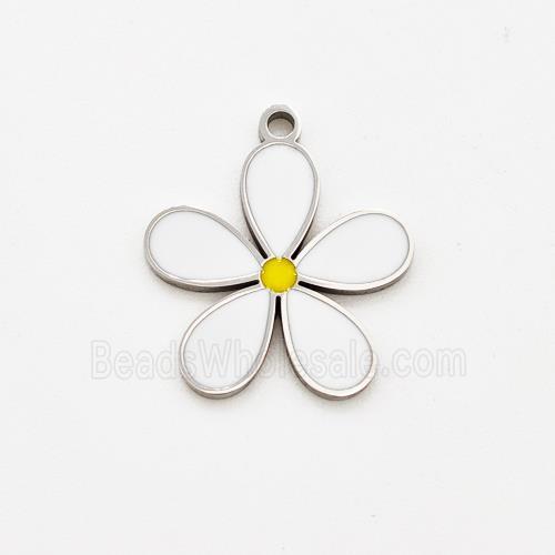Raw Stainless Steel Flower Pendant White Enamel