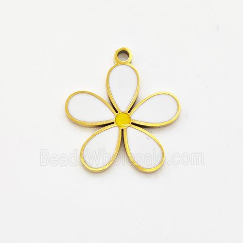 Stainless Steel Flower Pendant White Enamel Gold Plated