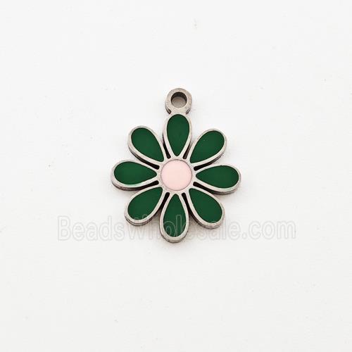 Raw Stainless Steel Flower Pendant Green Enamel