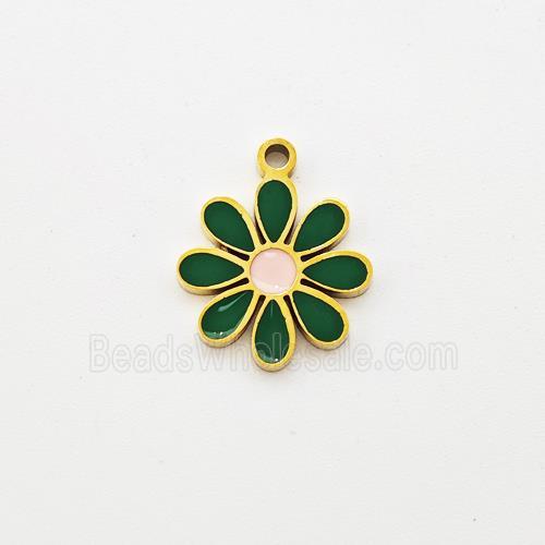 Stainless Steel Flower Pendant Green Enamel Gold Plated