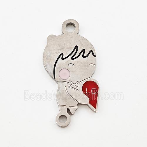 Raw Stainless Steel Kids Boy Connector Split Heart Red Enamel
