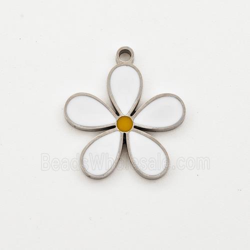 Raw Stainless Steel Flower Pendant White Enamel