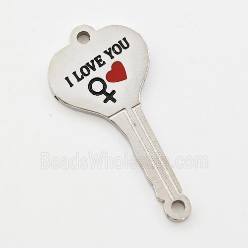 Raw Stainless Steel Key Charms Connector Heart Red Enamel