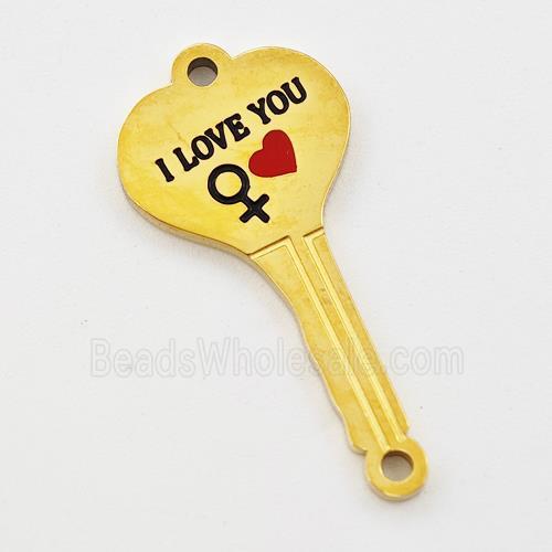 Stainless Steel Key Charms Connector Heart Red Enamel Gold Plated
