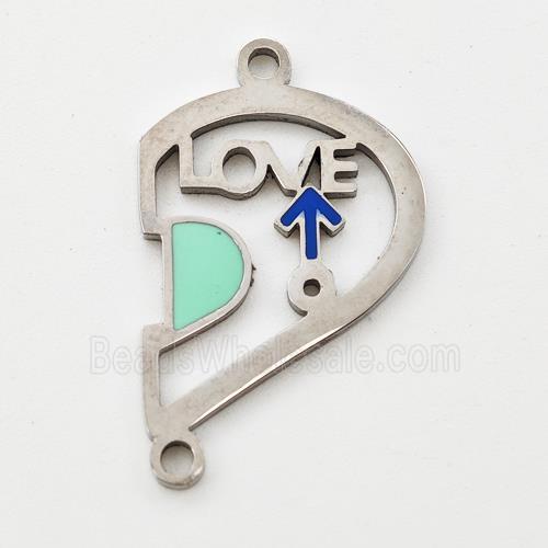 Raw Stainless Steel Split Heart Connector Boy LOVE Green Enamel