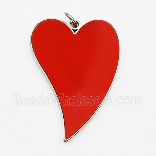 Raw Stainless Steel Heart Pendant Red Enamel