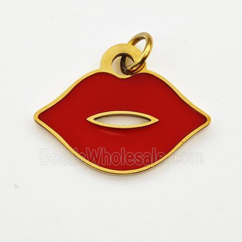 Stainless Steel Lips Pendant Red Enamel Gold Plated