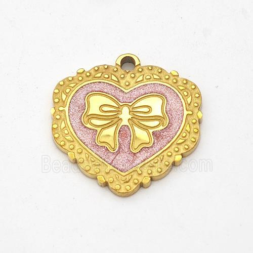 Stainless Steel Heart Pendant Bowknot Pink Painted Gold Plated