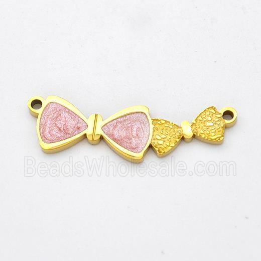 Stainless Steel Bowknot Pendant Pink Painted 2loops Gold Plated