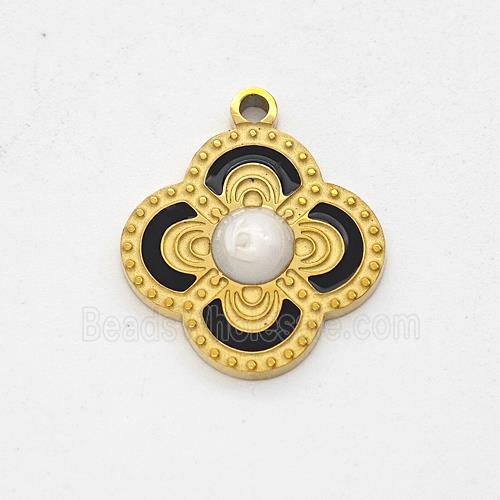 Stainless Steel Clover Pendant Black Enamel Gold Plated